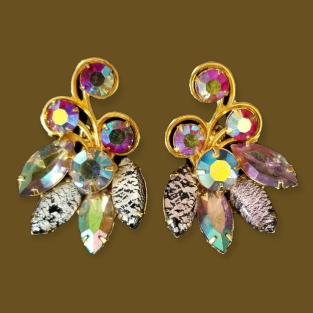 Vintage Crystal Clip Earrings Gold Tone